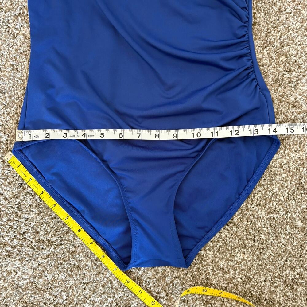 Michael Kors One Shoulder One Piece Swimsuit Royal Blue Logo Ruched Sz 14 - Picture 9 of 15